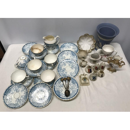 269 - Pottery selection, Victorian blue and white part tea set 25 pieces, Wedgwood blue jasper vase 18cms ... 