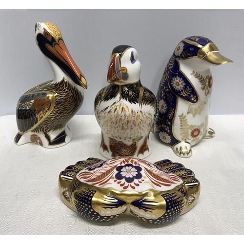 271 - Royal Crown Derby paperweight figurine collection of four, Penguin 12cms h, Brown Pelican 13cms h, P... 