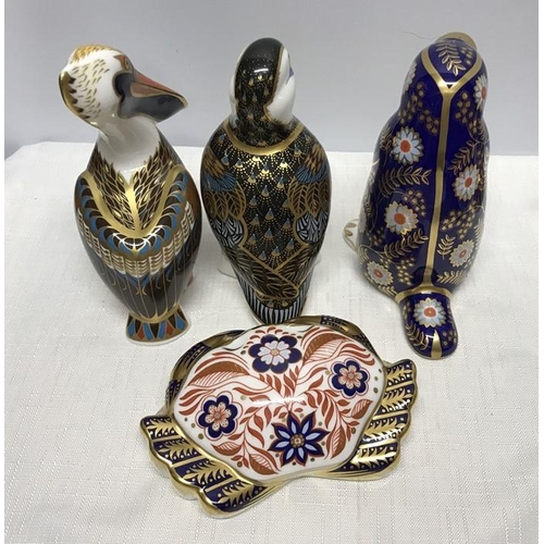 271 - Royal Crown Derby paperweight figurine collection of four, Penguin 12cms h, Brown Pelican 13cms h, P... 