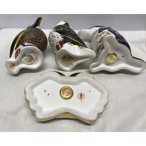 271 - Royal Crown Derby paperweight figurine collection of four, Penguin 12cms h, Brown Pelican 13cms h, P... 