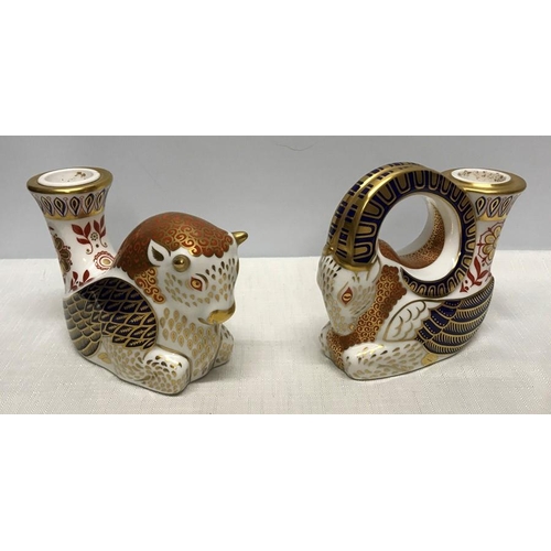 273 - Royal Crown derby candlesticks in the form of a Bull 9cms h and a Ram 10cms h.