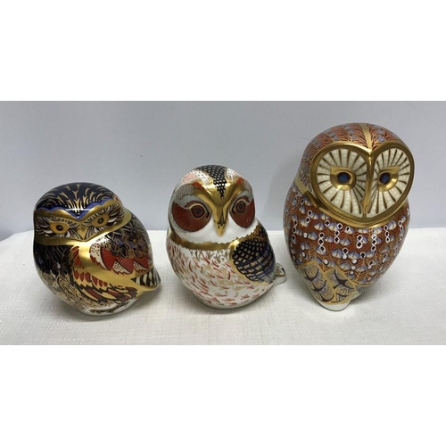 274 - Royal Crown Derby paperweight figurines collection of three, Owls, Tawny, Barn and a Little Owl. Bar... 