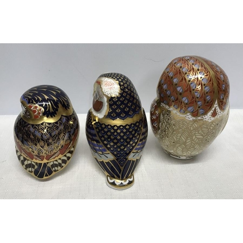 274 - Royal Crown Derby paperweight figurines collection of three, Owls, Tawny, Barn and a Little Owl. Bar... 