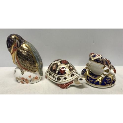 276 - Royal Crown Derby paperweight figures, Kingfisher 11.5cms h, Frog 8cms h and a Tortoise 5.5cms h.