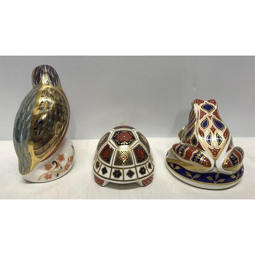 276 - Royal Crown Derby paperweight figures, Kingfisher 11.5cms h, Frog 8cms h and a Tortoise 5.5cms h.