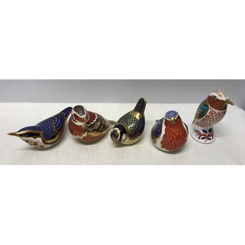 278 - Collection of five various Royal Crown Derby paperweight figures of birds including a Kingfisher, Ro... 