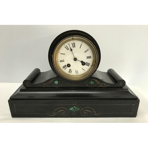 28 - Victorian black marble mantle clock with malachite inlay, H P and Co movement, enamel face. 23 h x 3... 