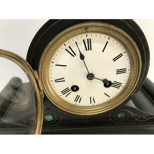 28 - Victorian black marble mantle clock with malachite inlay, H P and Co movement, enamel face. 23 h x 3... 