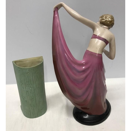 281 - A 1930's German pottery Art Deco figurine, Dancing Lady 22cms h and a continental pottery vase, Boy ... 