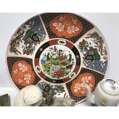 287 - Pottery selection, large Chinese decorative charger 36cms w, Aynsley figures, Gamekeeper 23cms h, Sn... 