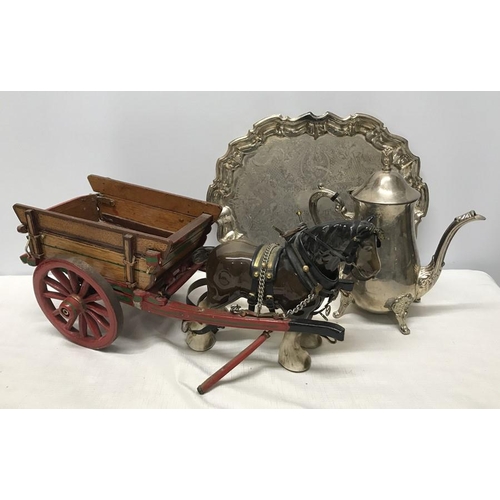 289 - Pottery Shire Horse and wooden cart, horse 19cms h together with a silver plated tray and coffee pot... 