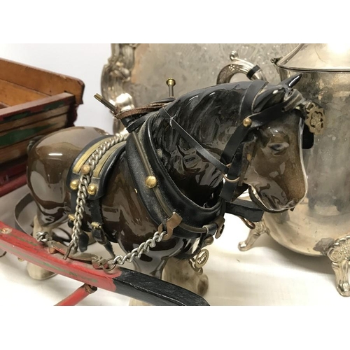 289 - Pottery Shire Horse and wooden cart, horse 19cms h together with a silver plated tray and coffee pot... 