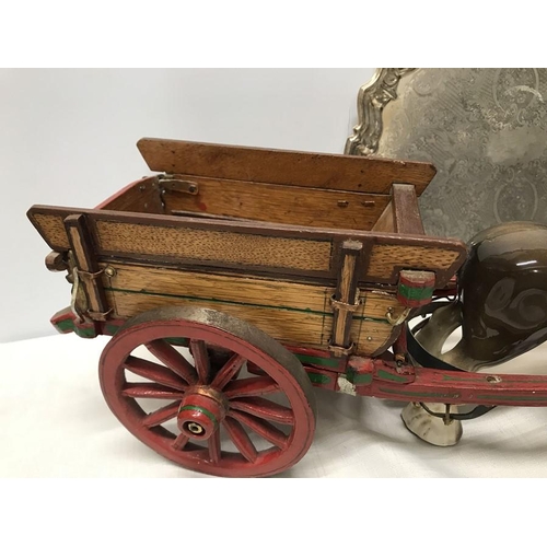 289 - Pottery Shire Horse and wooden cart, horse 19cms h together with a silver plated tray and coffee pot... 