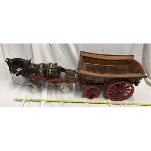 290 - Large pottery Shire Horse and wooden model cart, horse 24cms h.