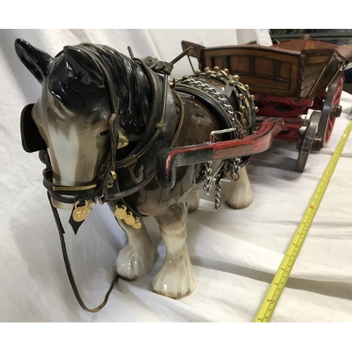 290 - Large pottery Shire Horse and wooden model cart, horse 24cms h.