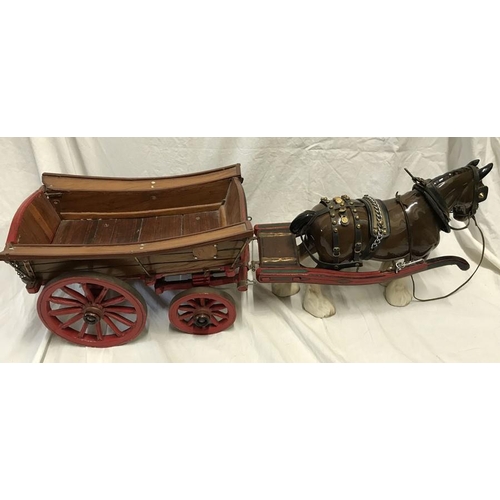 290 - Large pottery Shire Horse and wooden model cart, horse 24cms h.