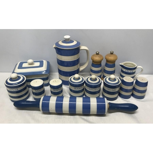 296 - Cornish blue and white kitchen ware, coffee pot 23cms h, rolling pin 46cms w, salt and pepper pots, ... 