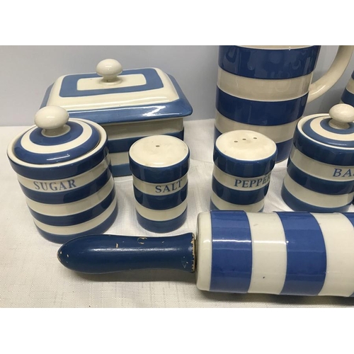 296 - Cornish blue and white kitchen ware, coffee pot 23cms h, rolling pin 46cms w, salt and pepper pots, ... 