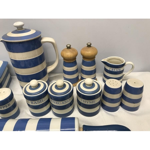 296 - Cornish blue and white kitchen ware, coffee pot 23cms h, rolling pin 46cms w, salt and pepper pots, ... 