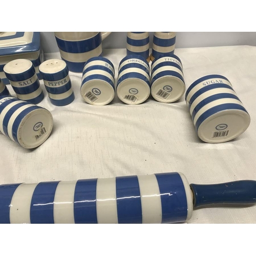 296 - Cornish blue and white kitchen ware, coffee pot 23cms h, rolling pin 46cms w, salt and pepper pots, ... 