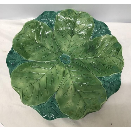 301 - Large Victorian Minton majolica charger,  cabbage leaf 48cms w, impressed Minton back stamp.