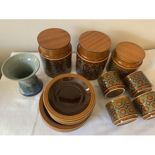 304 - Hornsea Pottery part tea service and three storage jars, Tea, Coffee and Sugar with a Highland Stone... 