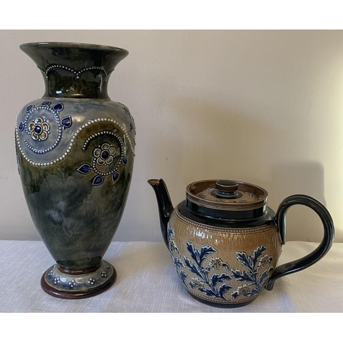 313 - Doulton Lambeth stoneware vase  and teapot. Vase 27cms h.