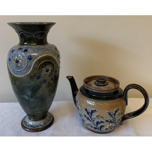 313 - Doulton Lambeth stoneware vase  and teapot. Vase 27cms h.