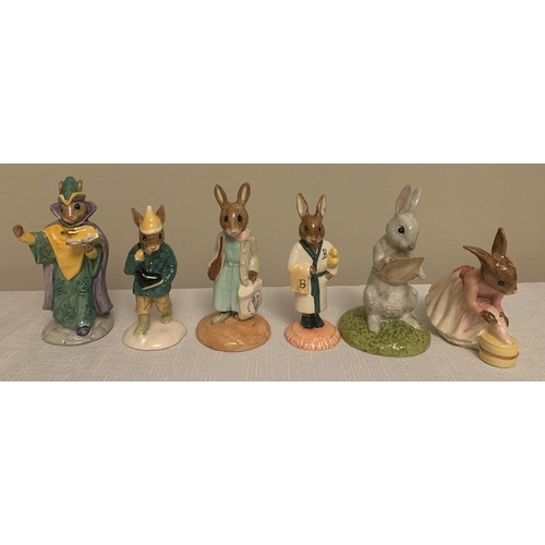 317 - Six Royal Doulton Bunnykins figures, to include Mystic, Boy Skater, Bathtime, Shopper, Ballerina and... 