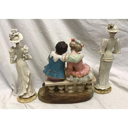 324 - Continental pottery figurine, Courting Couple 20cms h x 19cms w base x 11cms together with a pair of... 