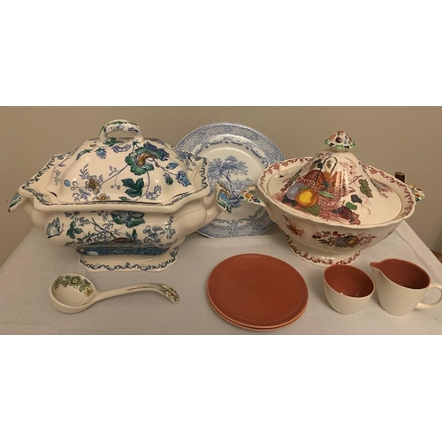 332 - Ceramics including two Masons fruit basket tureens, Poole pottery jug, bowl and two plates, ladle an... 