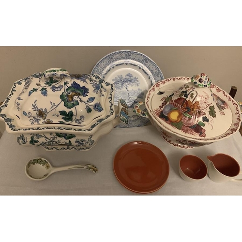 332 - Ceramics including two Masons fruit basket tureens, Poole pottery jug, bowl and two plates, ladle an... 