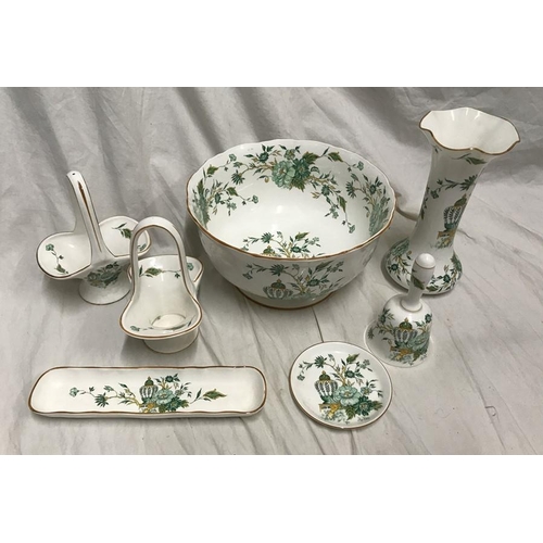 338 - Crown Staffordshire bone china Kowloon pattern pottery. 7 pieces, large bowl 23 w x 12cms h, vase 20... 