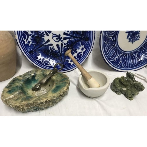 349 - Mixed lot, Two Spanish blue and white large plates 31cms w. Green marble rabbit 8cms h and a green a... 