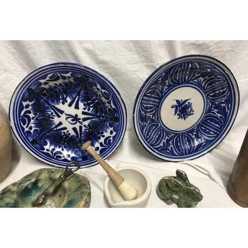 349 - Mixed lot, Two Spanish blue and white large plates 31cms w. Green marble rabbit 8cms h and a green a... 