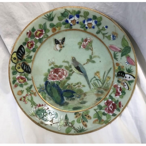 350 - Pair of green pottery Chinese plates painted with birds, flowers and butterflies 19.5cms w and a gin... 