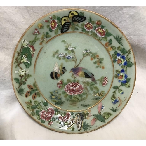 350 - Pair of green pottery Chinese plates painted with birds, flowers and butterflies 19.5cms w and a gin... 