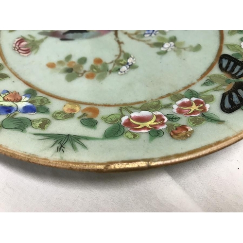 350 - Pair of green pottery Chinese plates painted with birds, flowers and butterflies 19.5cms w and a gin... 