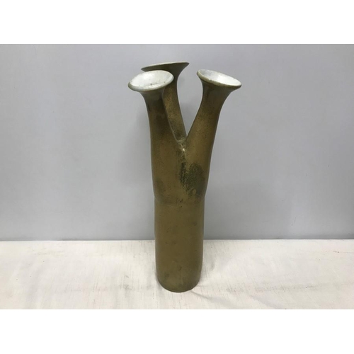 351 - Mid century studio pottery triple spout vase, 37cms h, signed to the base.