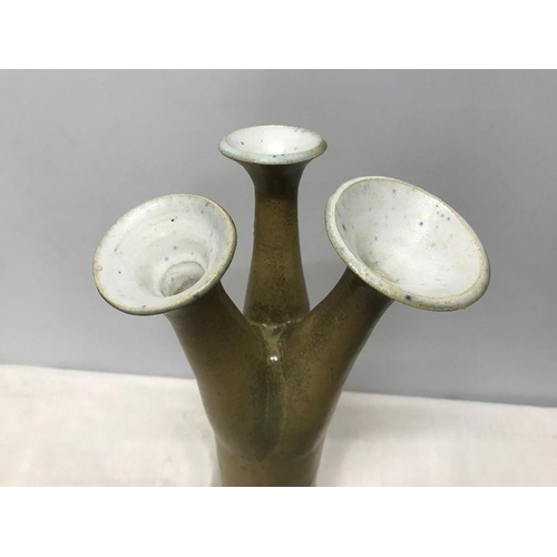 351 - Mid century studio pottery triple spout vase, 37cms h, signed to the base.