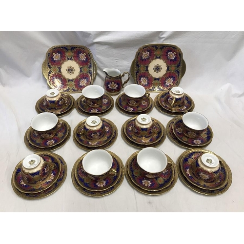 358 - Meito China hand painted part teaset, gilt and floral decoration, 12 trios, 2 cake plates 24cms w an... 