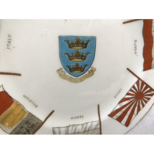 359 - W H Goss crested plate. Kingston Upon Hull with WW I Flags of Nations. 20cms w.