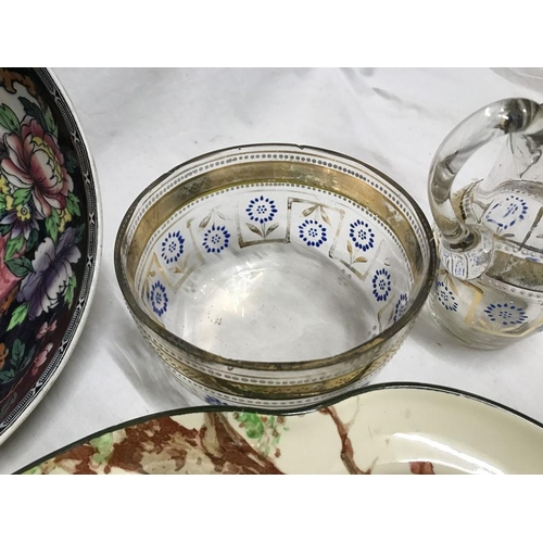 361 - Pottery and glassware, Royal Doulton Zunday Zmocks, bowl Noke design, 29.5 w x 24cms. Mailing lustre... 