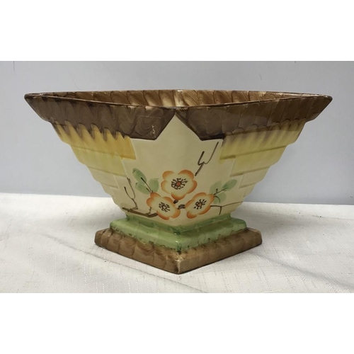 362 - Myott and Co art deco floral painted diamond shape vase 27 w x 16 d x 14.5cms h with rose.