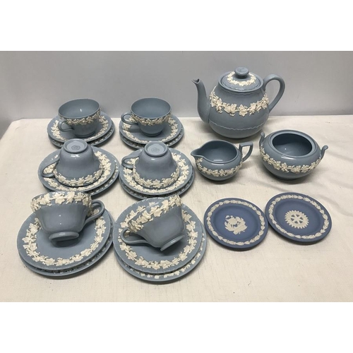 365 - Wedgwood embossed Queens Ware blue and white teaset, 21 pieces, six trio;s, teapot cream and sugar b... 