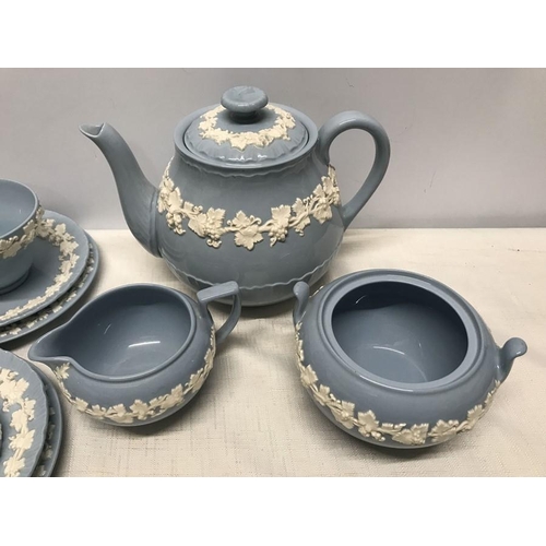 365 - Wedgwood embossed Queens Ware blue and white teaset, 21 pieces, six trio;s, teapot cream and sugar b... 