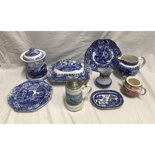 369 - Blue and white pottery, Spode Italian lidded jar 21cms h and plate 26cms w. Tureen 30 x 24cms. Georg... 