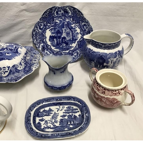 369 - Blue and white pottery, Spode Italian lidded jar 21cms h and plate 26cms w. Tureen 30 x 24cms. Georg... 