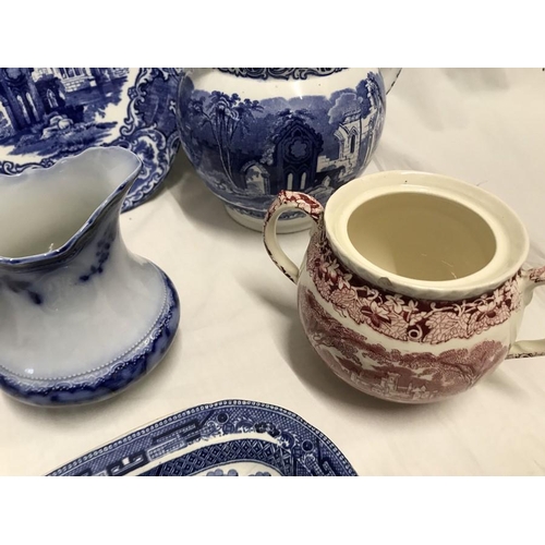 369 - Blue and white pottery, Spode Italian lidded jar 21cms h and plate 26cms w. Tureen 30 x 24cms. Georg... 