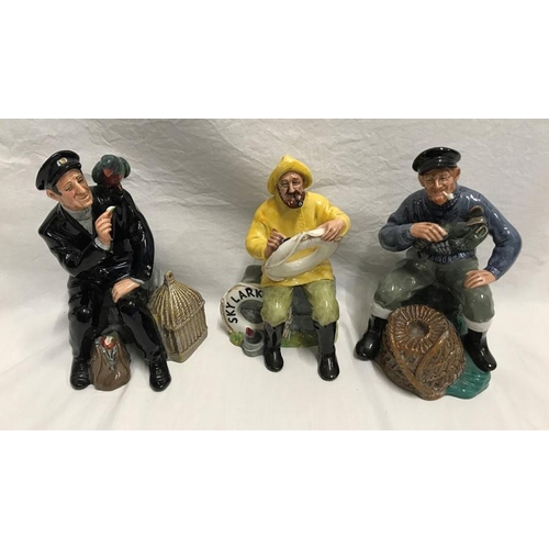 370 - Three Royal Doulton figurines. Shore Leave HN2254, 18.5cms, The Boatman HN2417, 17.5cms h and The Lo... 